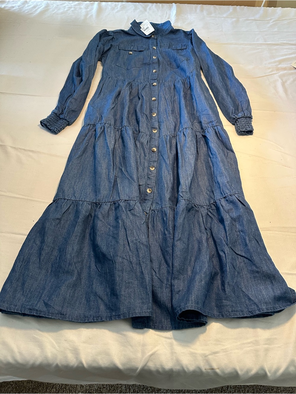 Button-Front Denim Tiered Maxi Dress - Blue